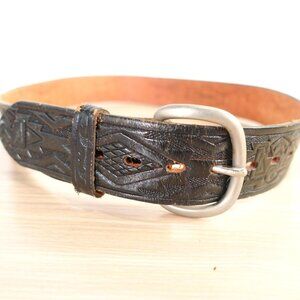 VINTAGE CHAMBERS Belt Men Black Leather Western Cowboy Native Tooled Embossed To
